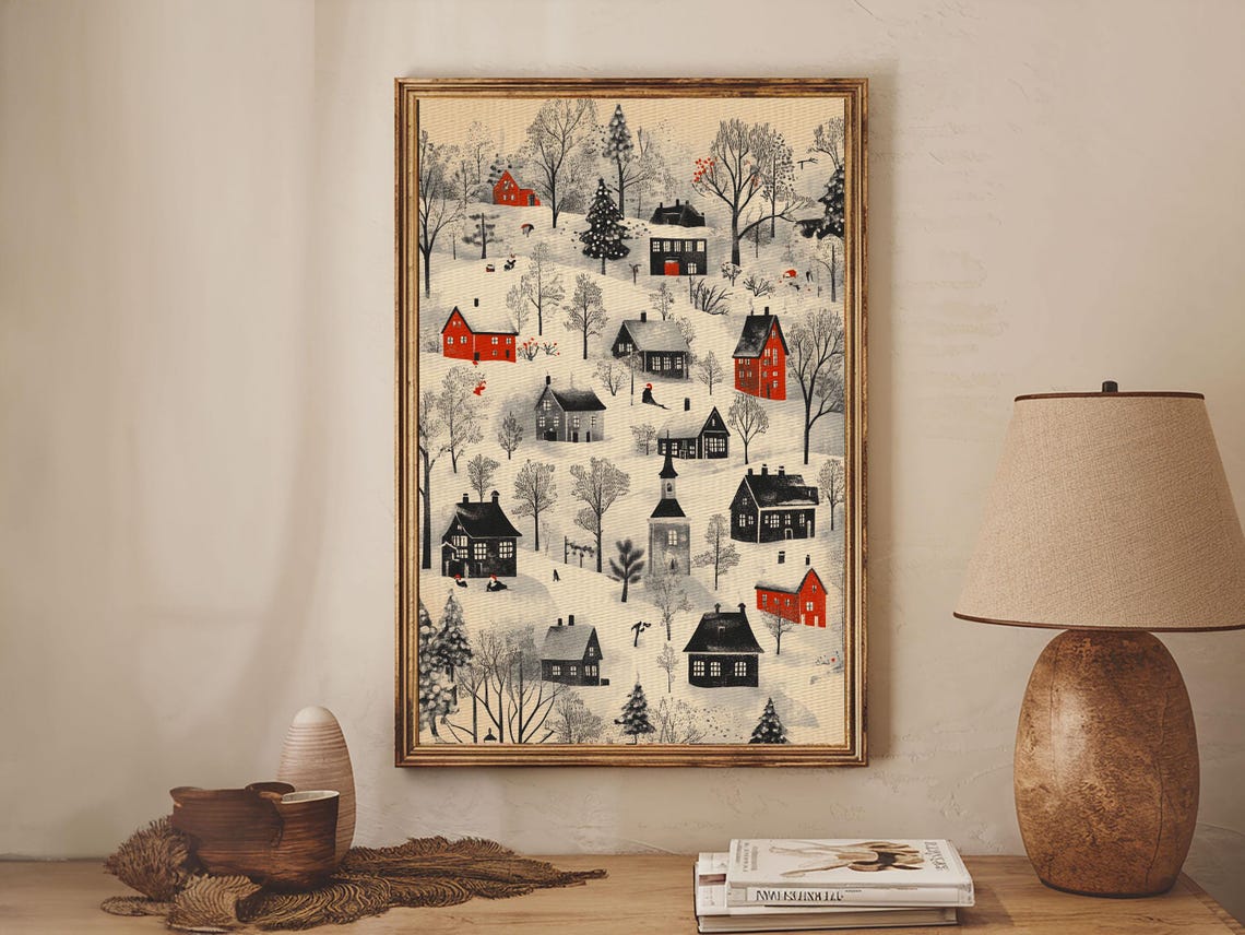 Snowy Christmas Village Red Houses Winter Hillside Holiday Art Poster