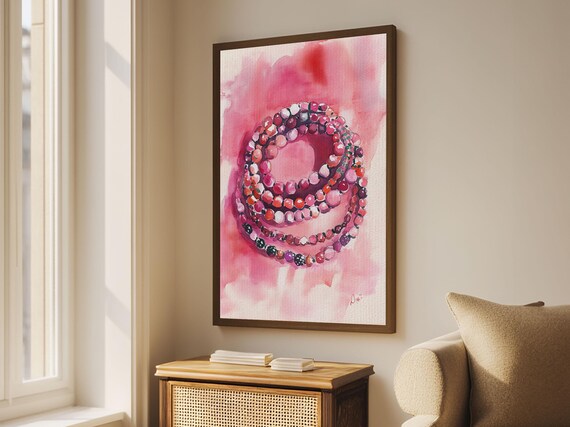 Vibrant Gemstone Bracelet Painting With Framed Print Gemstone Painting Pink Abstract Art Moody Art Living Room Decor