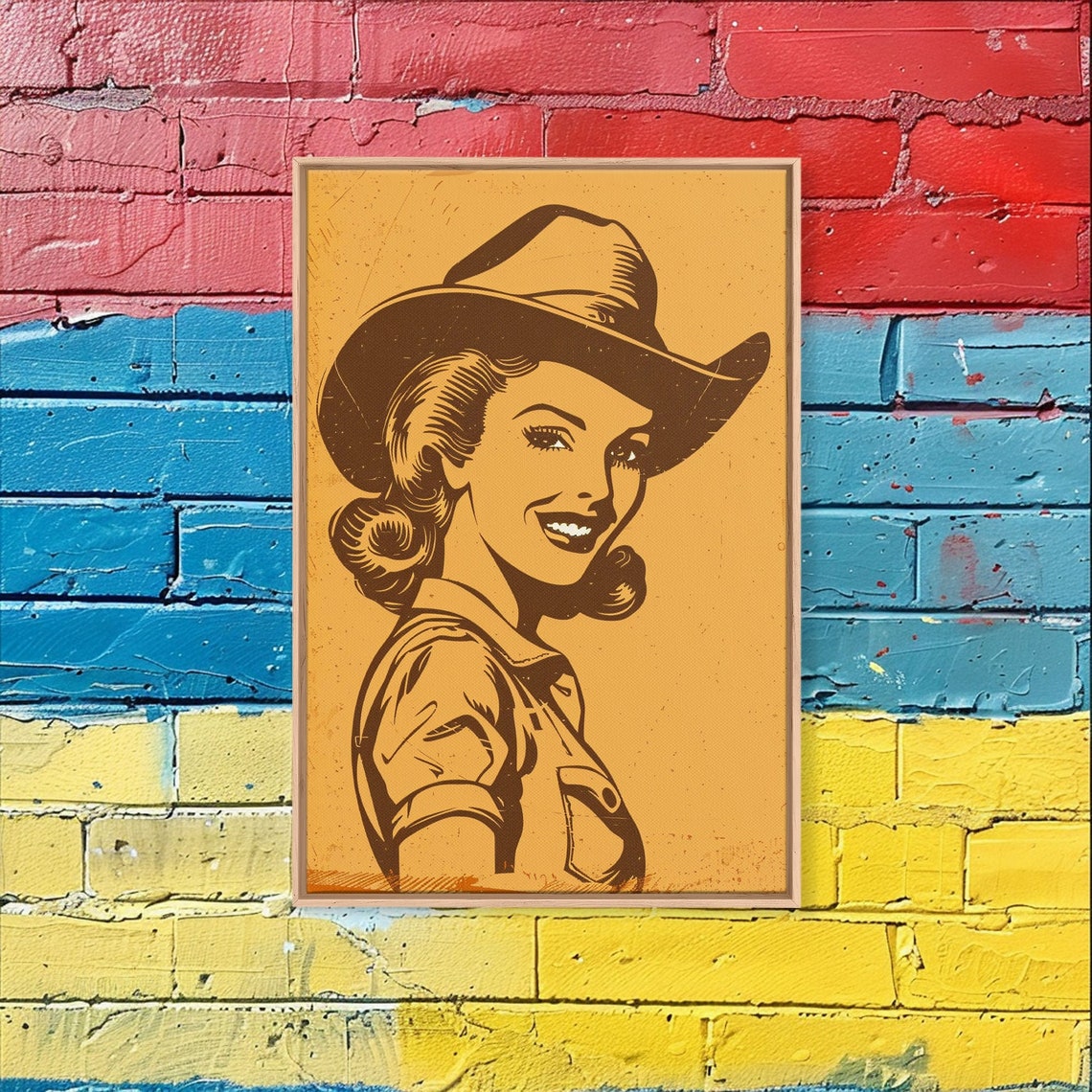 Retro Cowgirl Line Art Orange Pop Art Western Style Wall Print - Image 2
