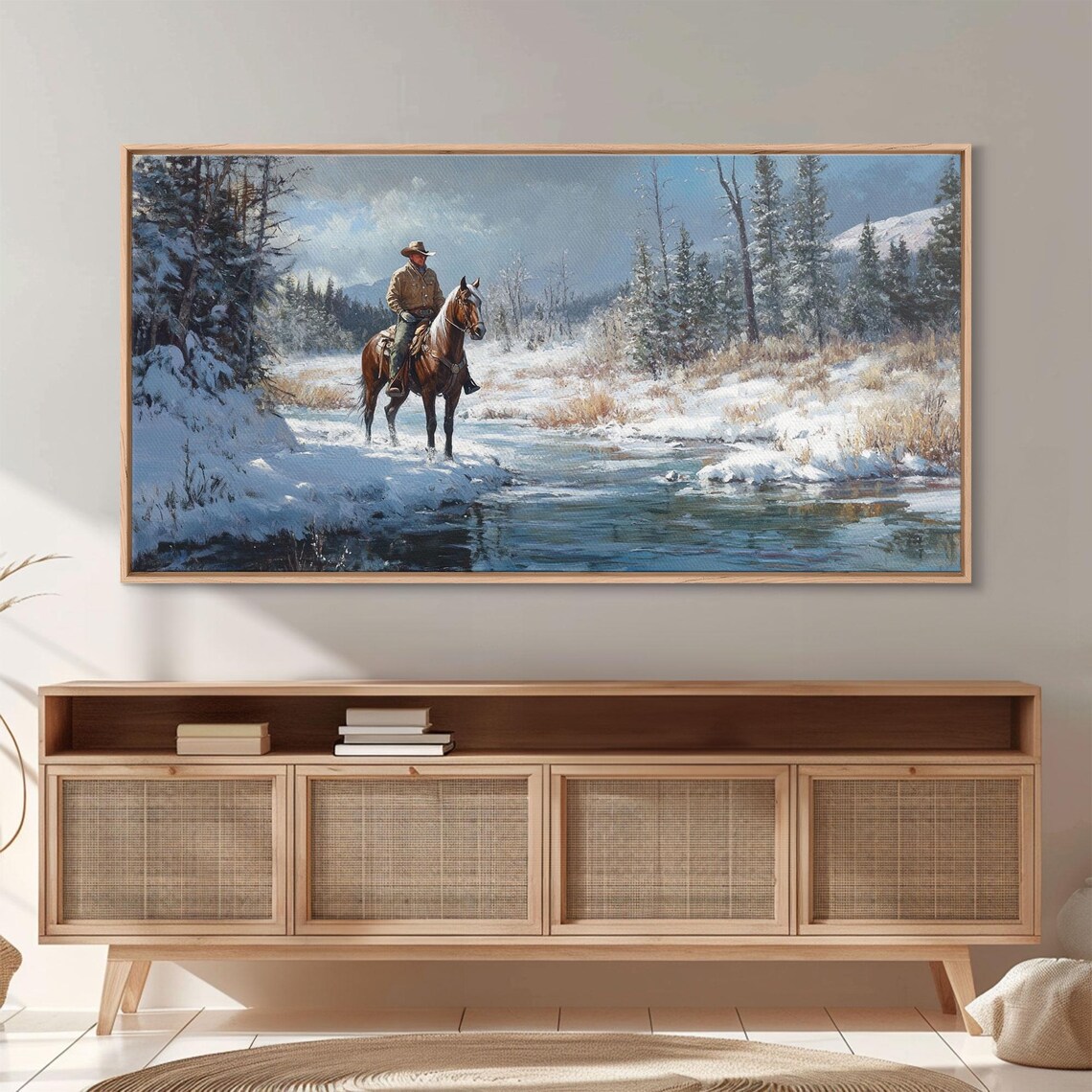 Cowboy Riding Horse Through Vibrant Autumn Forest Framed Print Tall Fall Wall Art Rustic Western Decor Moody Landscape - Image 4