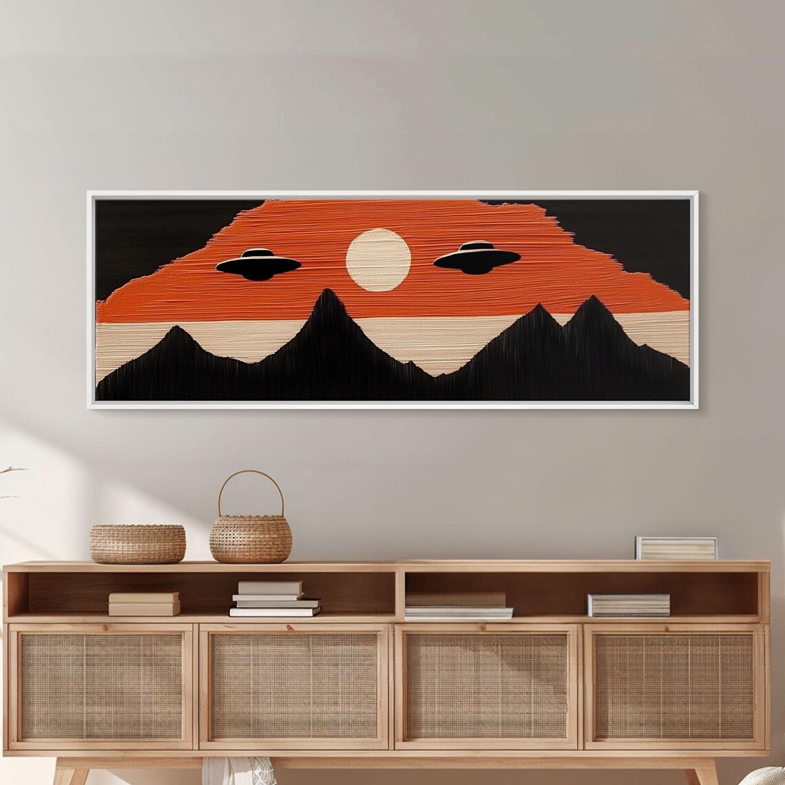 Flying Saucers Over The Mountains Retro Art Deco Inspired Scifi Art Panoramic Print Cute Nursery Decor - Image 2