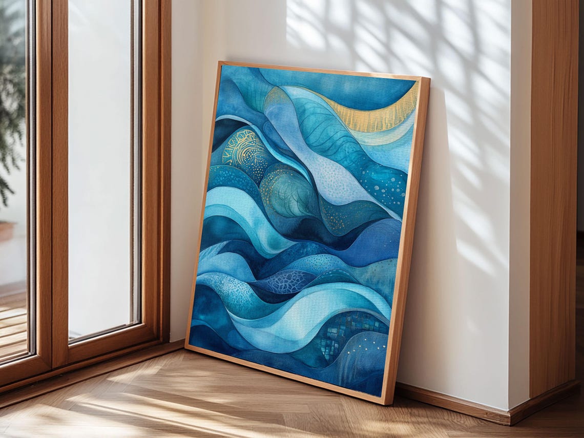Flowing Blue Waves Layered Watercolor Coastal Abstract Ocean Wall Art - Image 4