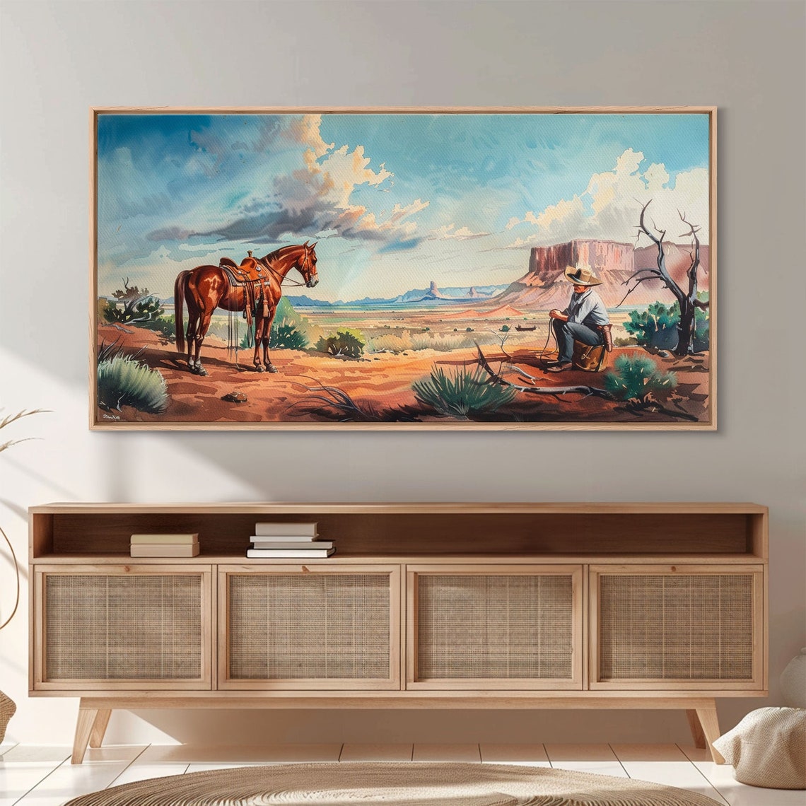 Cowboy Resting Beside Horse Red Desert Mesa Western Painting Poster