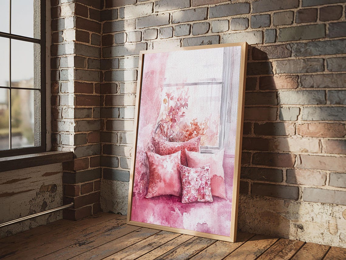 Cozy Pink Window Seat With Floral Pillows Watercolor Wall Art Print