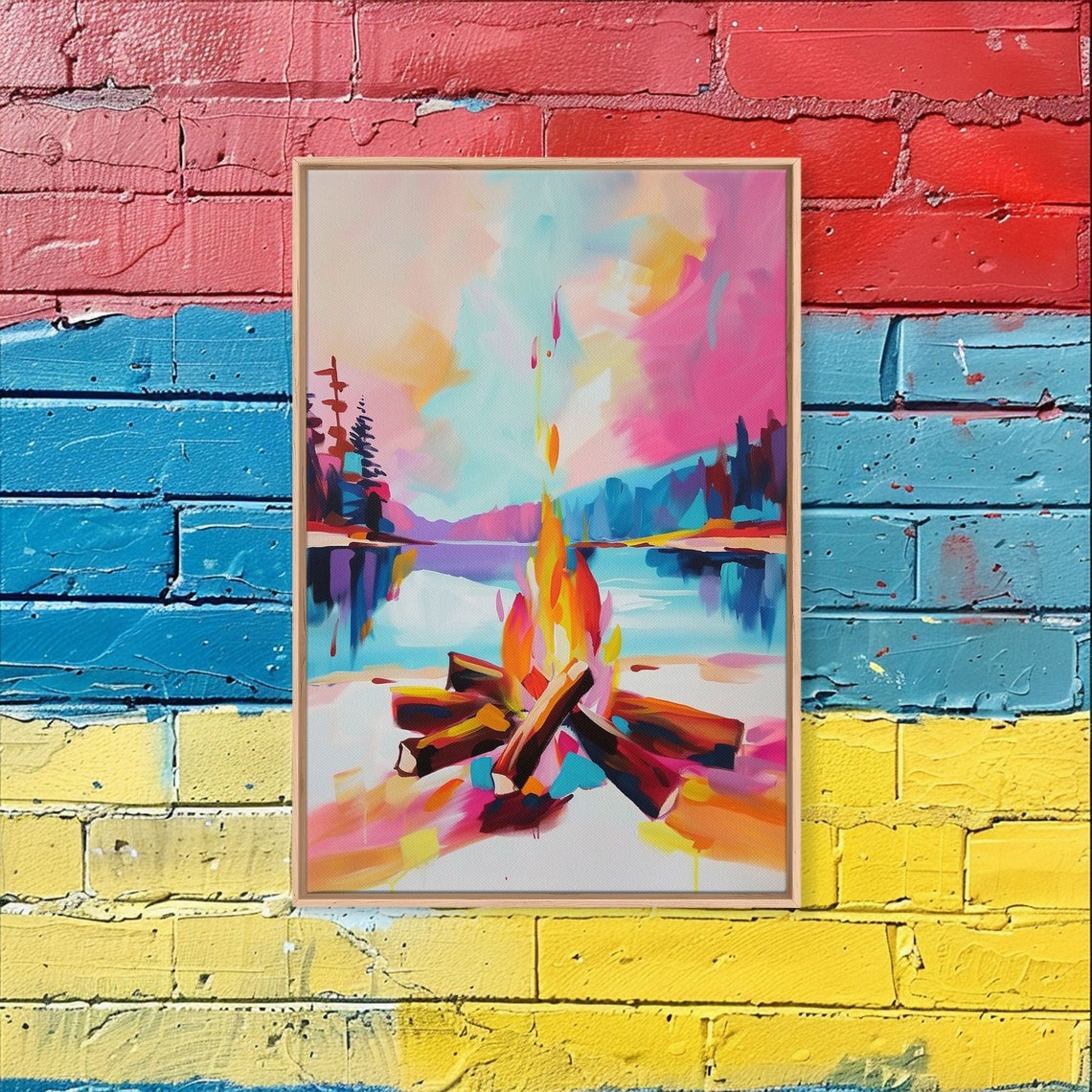 Campfire Lakeside Sunset Colorful Abstract Outdoor Adventure Wall Art - Image 3