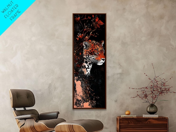 Leopard Head Autumn Leaves Red Flowers Black Background Wildlife Art Poster