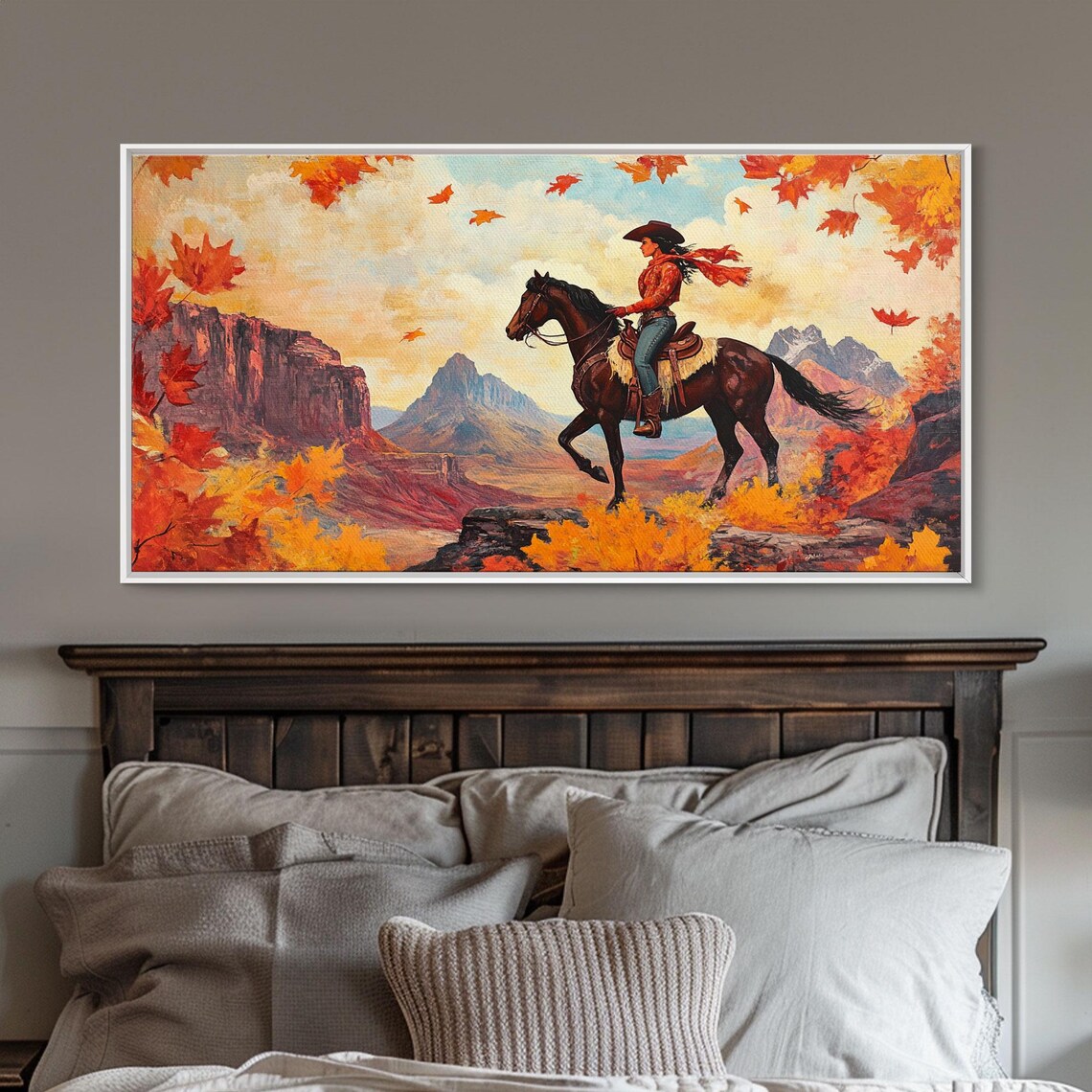 Cowgirl Riding Through Red Rock Canyon Golden Autumn Leaves Poster - Image 4