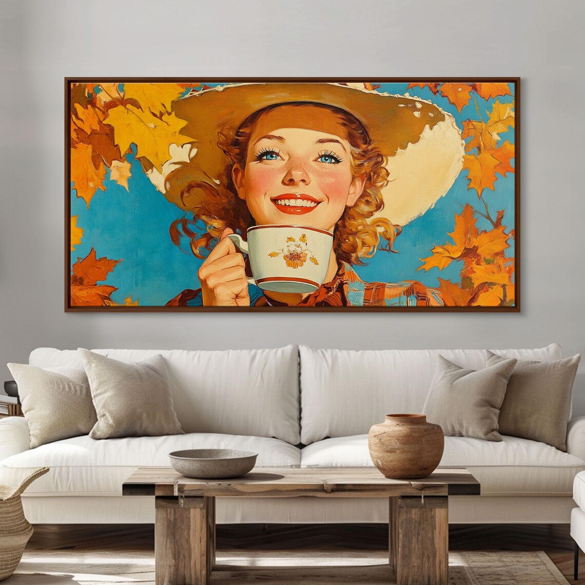 Retro Pinup Cowgirl Smiling With Teacup Autumn Leaves Blue Sky Poster - Image 6