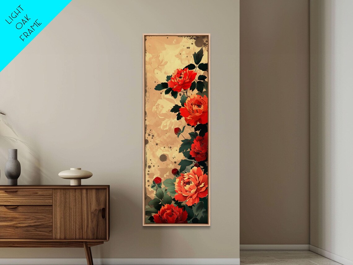 Vibrant Red Peonies Beige Background Tall Japanese Floral Art Poster - Image 4