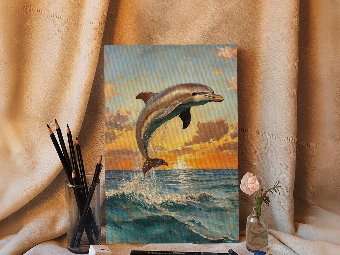 Dolphin Jumping At Sunset Framed Print Dolphin Painting Dolphin Decor Dolphin Wall Art Nuevart - Image 6
