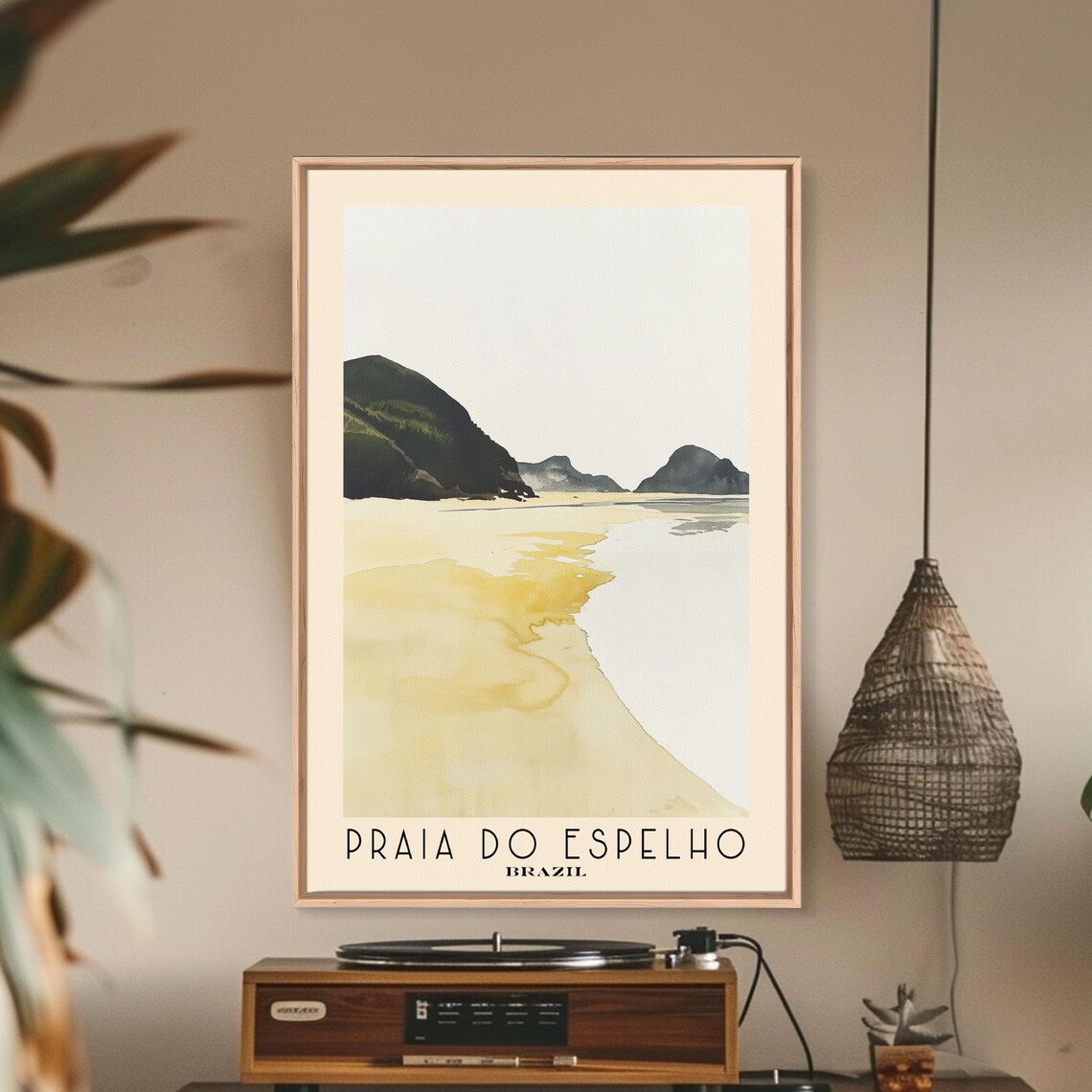 Praia do Espelho Brazil Pale Gold Beach Dark Green Headlands Coastal Watercolor Poster - Image 2