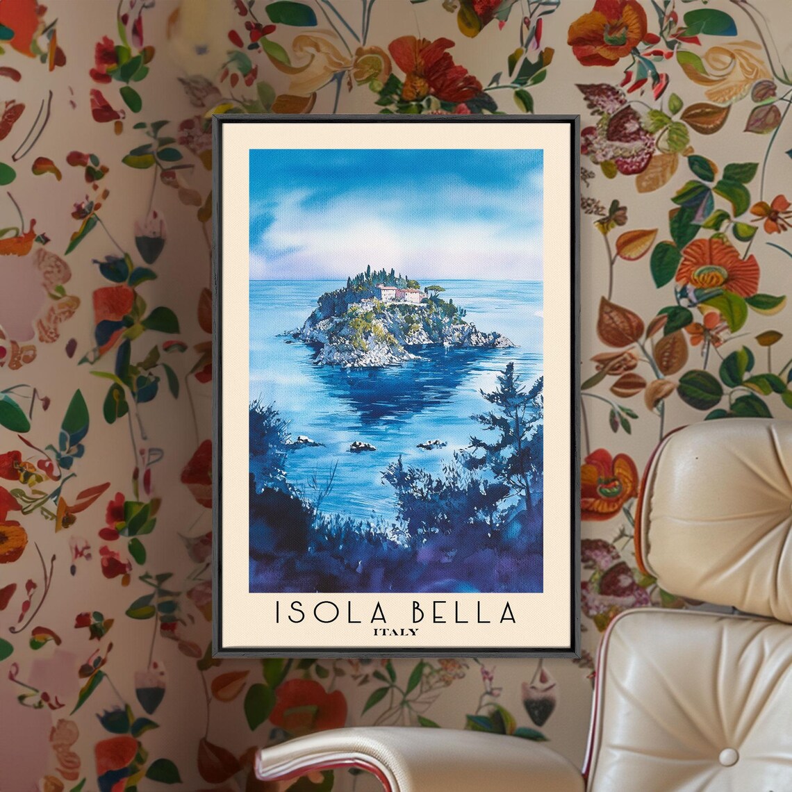 Isola Bella Italy Rocky Island Villa Deep Blue Sea Watercolor Art Poster - Image 2