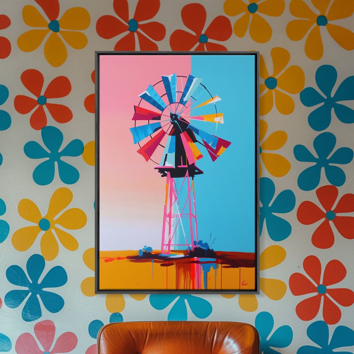 Colorful Abstract Windmill Pink Blue Farmhouse Western Poster - Image 2