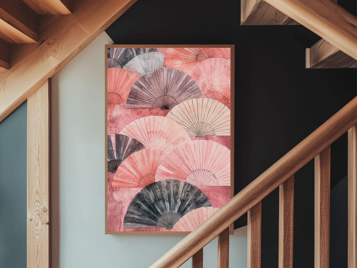 Pink Floral Folding Fans Japanese Chinoiserie Elegant Decor Wall Art - Image 4