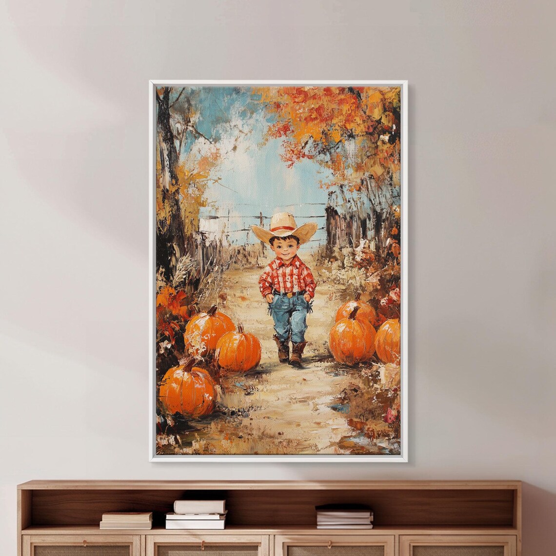 Little Cowboy Child Pumpkins Autumn Farm Path Rustic Painting Art Print - Image 4