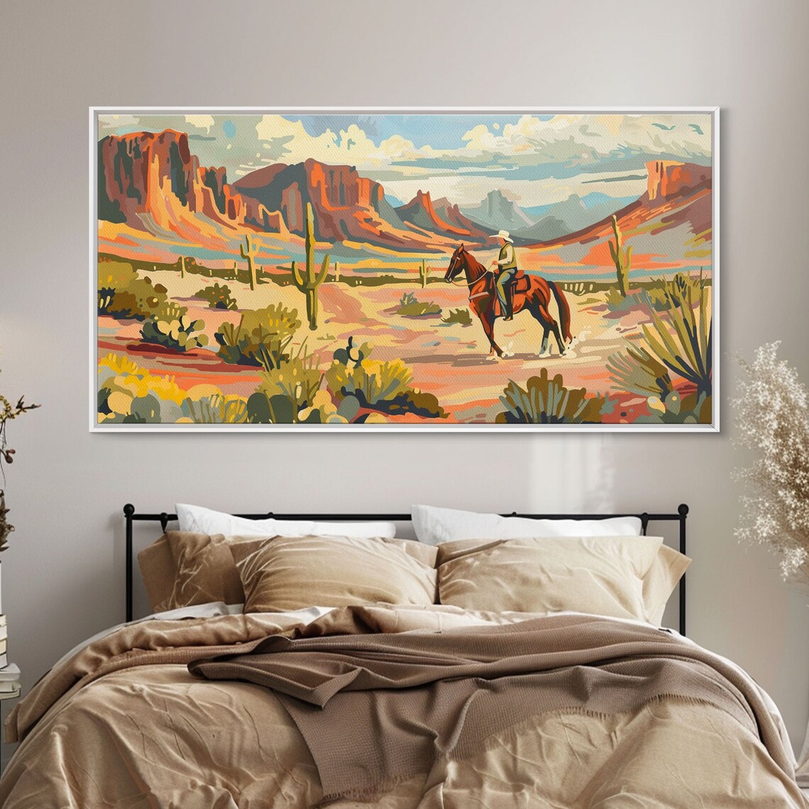 Cowboy Riding Through Red Rock Desert Canyon Saguaro Cactus Art Poster - Image 4