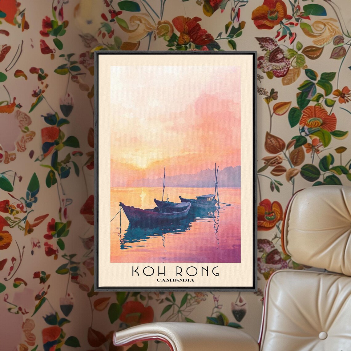 Koh Rong Cambodia Fishing Boats Pink Sunset Sea Watercolor Poster - Image 2