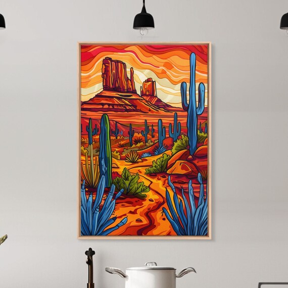 Framed Print Vibrant Desert Scene With Cacti And Mesas Perfect Southwest Wall Art For Living Room Or Bedroom Decor