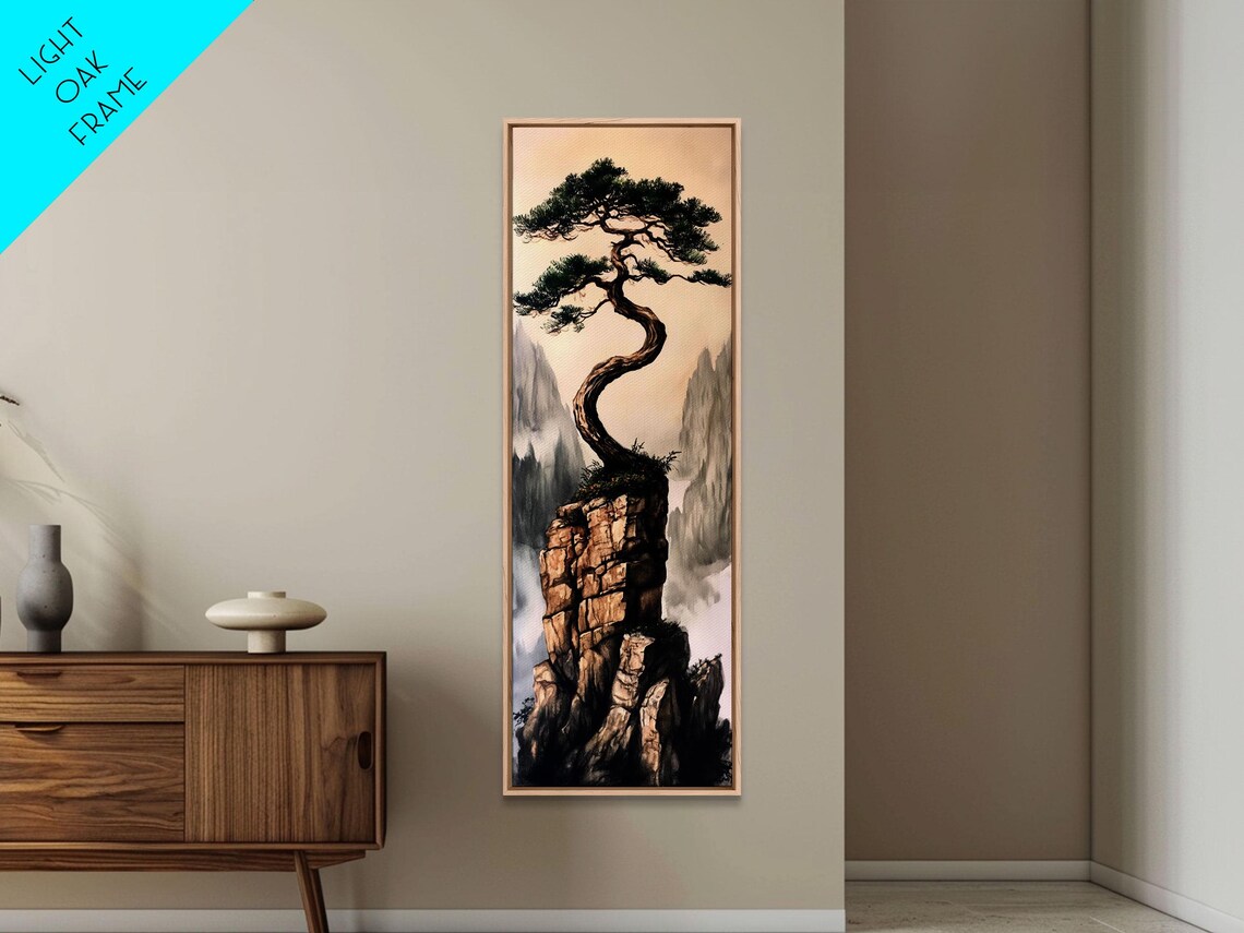 Twisted Pine Tree Rocky Cliff Misty Mountain Asian Ink Painting Style Poster - Image 6