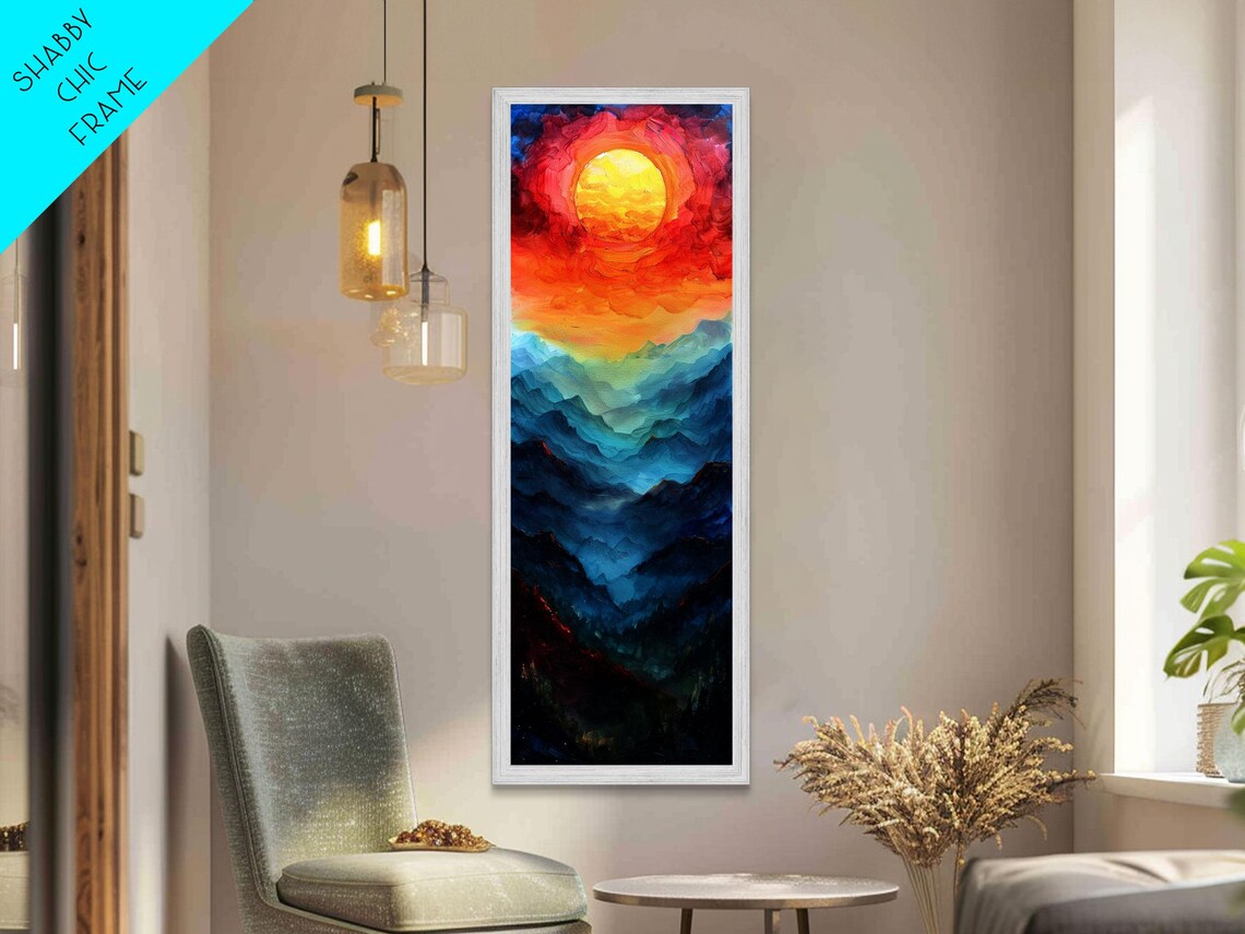 Majestic Sunrise Over Mountain Range Boho Sunset Landscape Framed Print Tall Art Japanese Style Art - Image 5