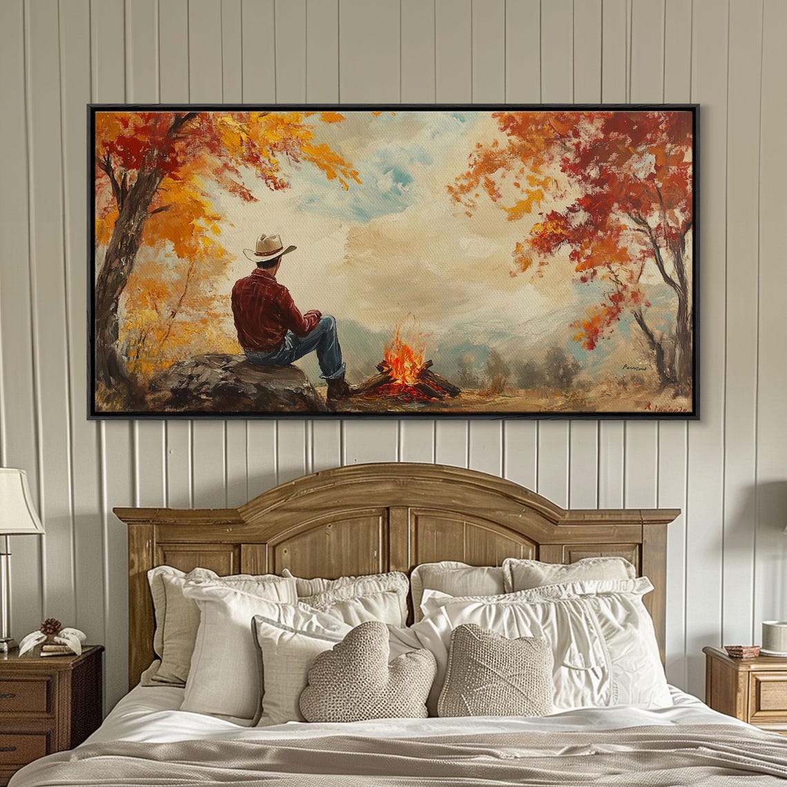 Cowboy Sitting By A Campfire With Autumn Mountains Behind Art Print - Image 2