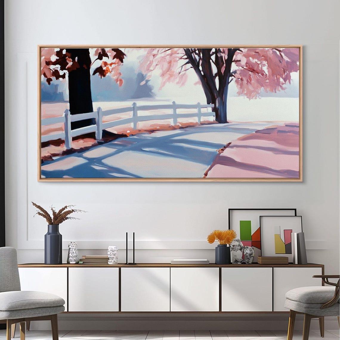 Snowy Farm Lane White Fence Pink Blossom Trees Winter Path Poster