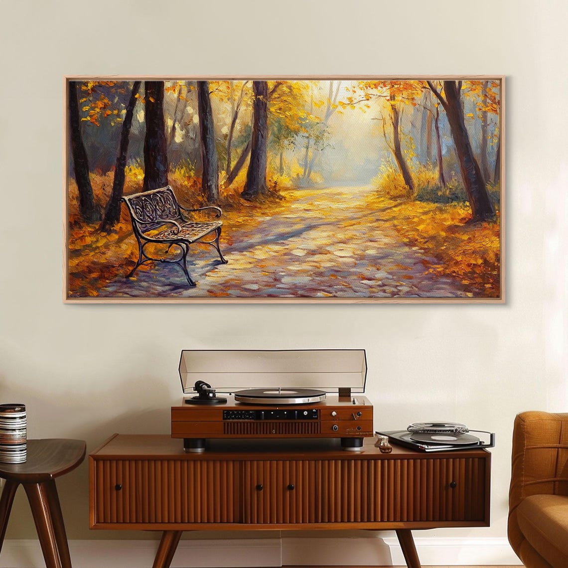 Golden Autumn Park Path Iron Bench Sunlight Fall Painting Print - Image 5