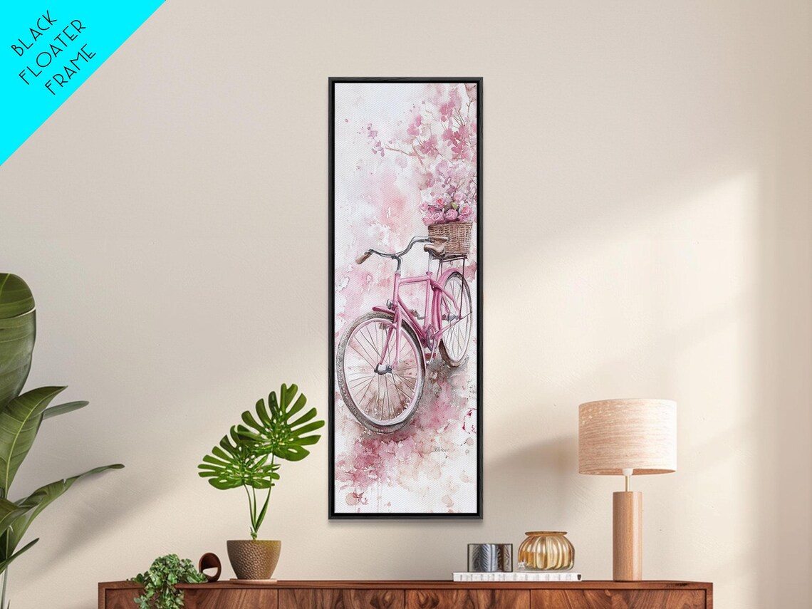 Pink Vintage Bicycle With Flower Basket Cherry Blossom Wall Art