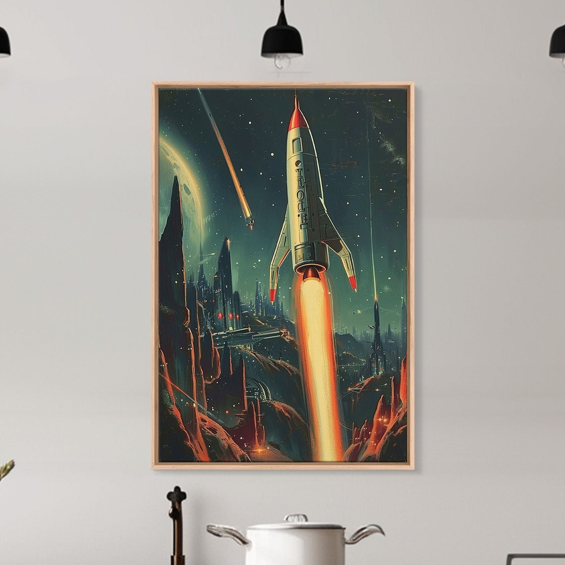 Retro Rocketship Launch Poster Vintage Space Propaganda Alien City Art - Image 3
