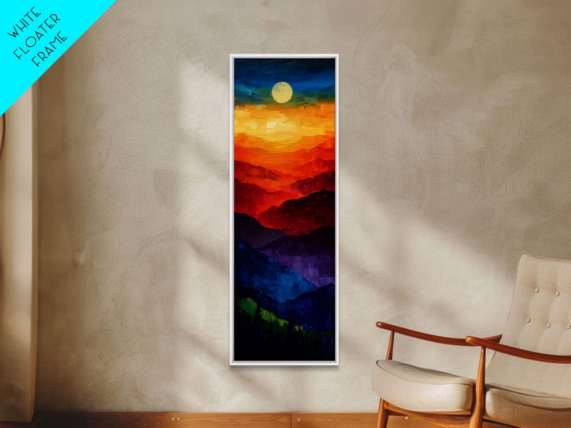 Colorful Layered Mountain Ridges Under Glowing Moon Night Art Poster - Image 2
