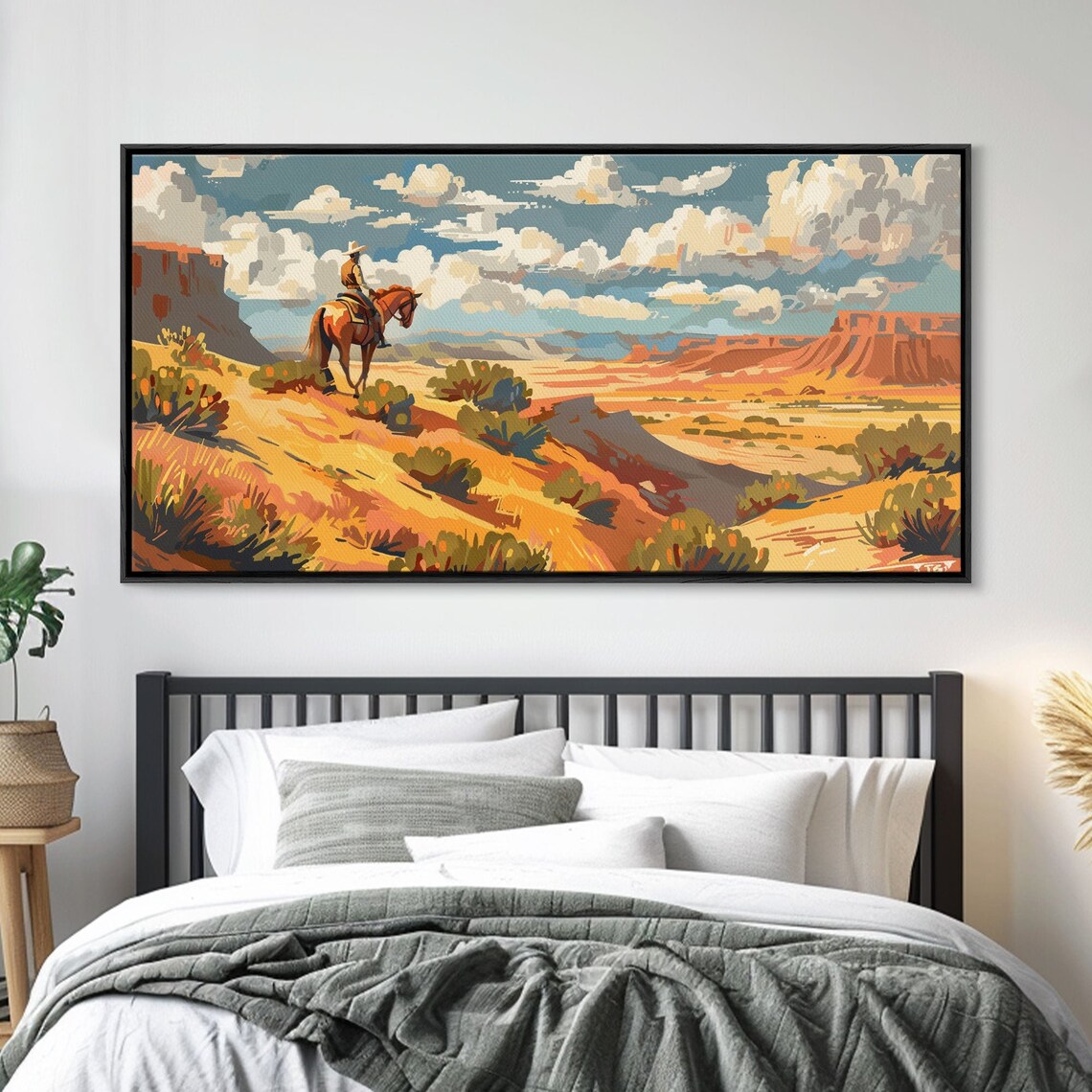 Cowboy On Horseback Overlooking Golden Desert Canyon Valley Art Poster - Image 5