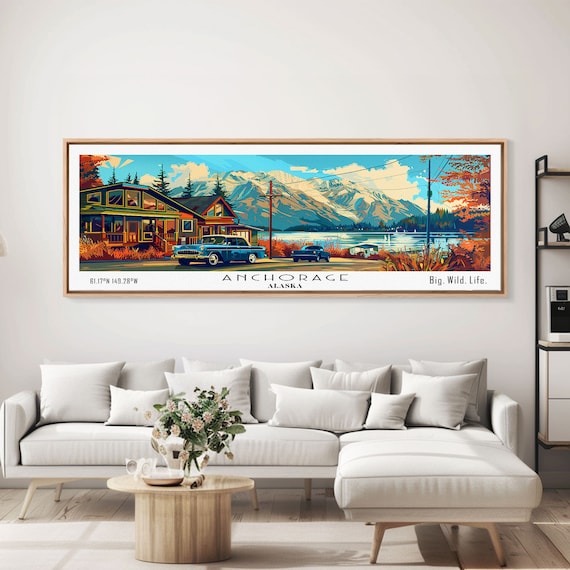 Anchorage Alaska Lakeside Cabins Snowy Mountains Vintage Truck Travel Poster