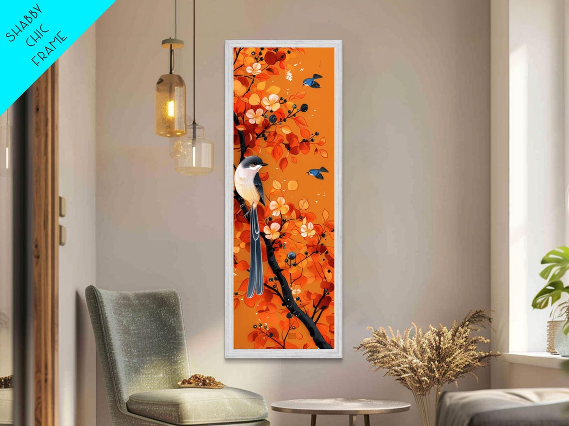 Birds Among Orange Autumn Leaves Blossom Branch Tall Art Poster - Image 4