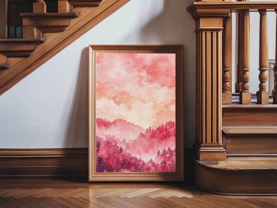 Pink Mountain Sunset Print Landscape Painting Smoky Mountain Art Pink Orange Wall Art Bedroom Decor Living Room Art