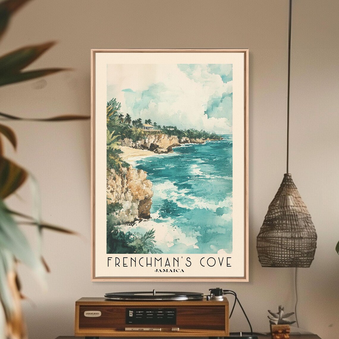 Frenchmans Cove Jamaica Rocky Cliff Cove Teal Ocean Watercolor Poster