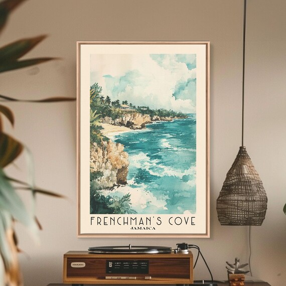 Frenchmans Cove Jamaica Rocky Cliff Cove Teal Ocean Watercolor Poster
