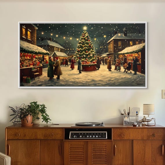 Vintage Christmas Village Market Scene Art Print
