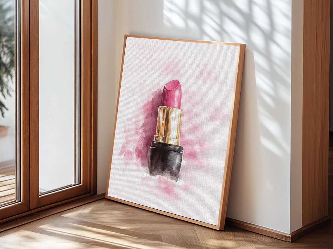 Pink Lipstick In Black And Gold Tube Watercolor Beauty Wall Art Print - Image 4