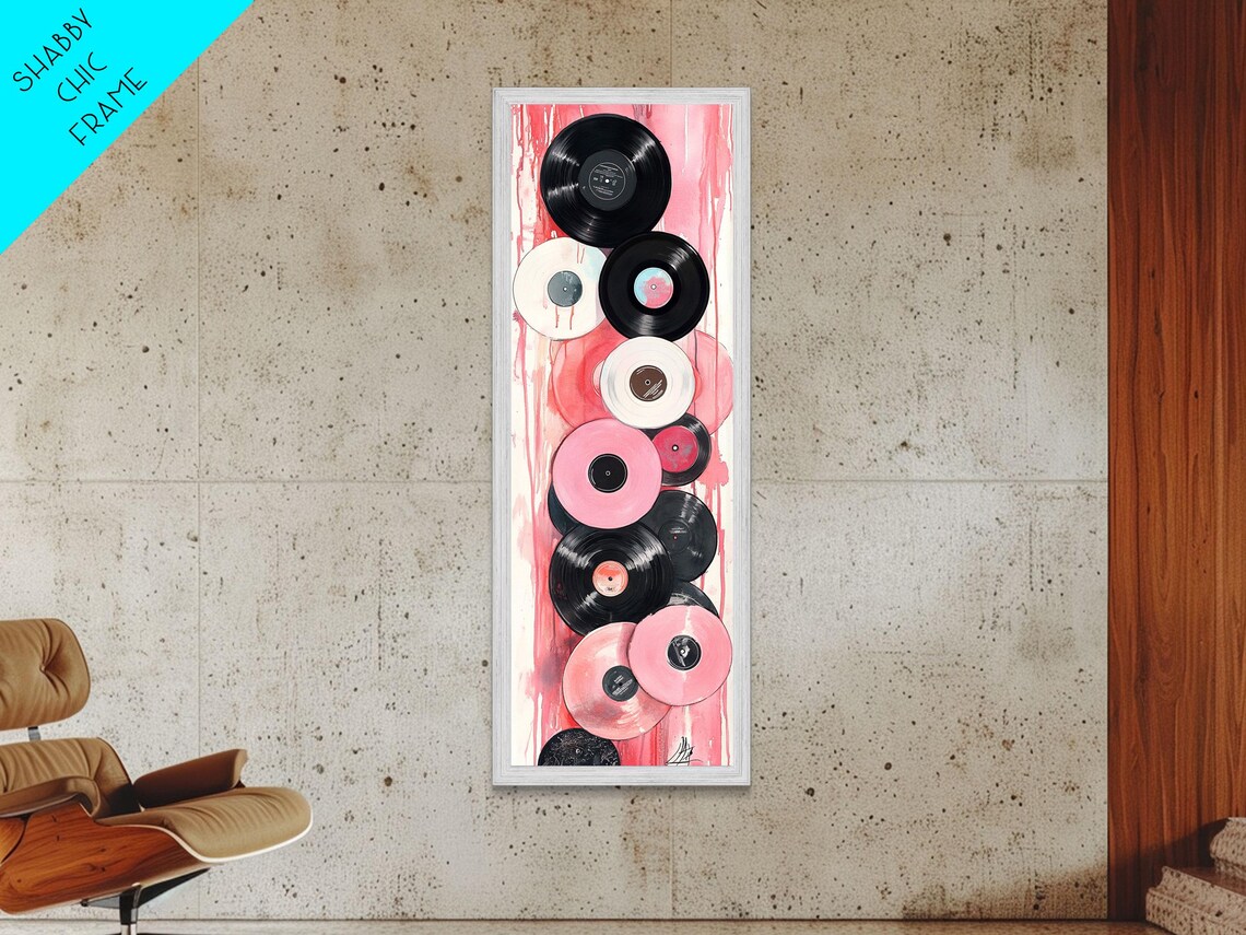 Pink Black And White Vinyl Records Stacked Retro Music Wall Art