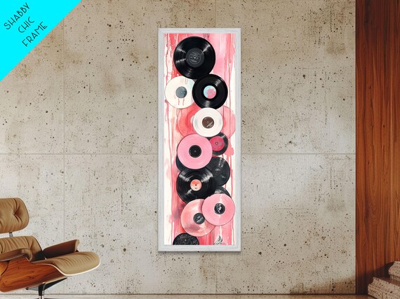 Pink Black And White Vinyl Records Stacked Retro Music Wall Art