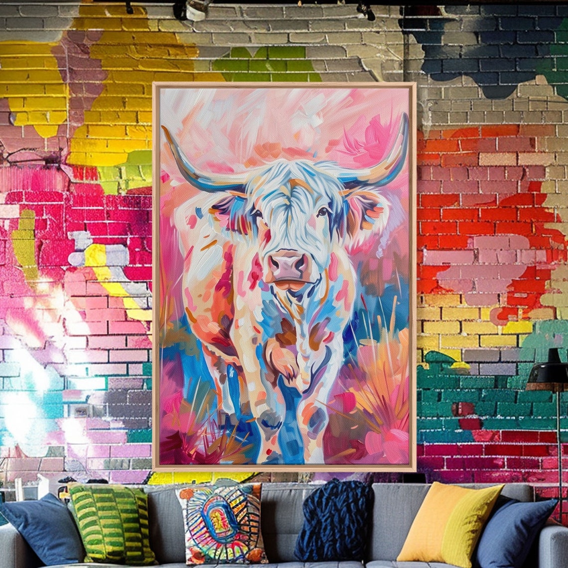 Colorful Highland Cow Abstract Pop Art Pink Blue Cattle Wall Poster - Image 2