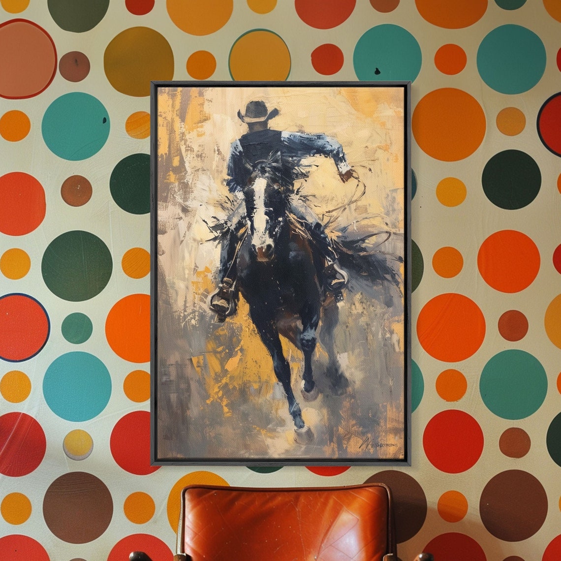 Cowboy Riding Fast Horse Painterly Golden Western Action Poster - Image 2