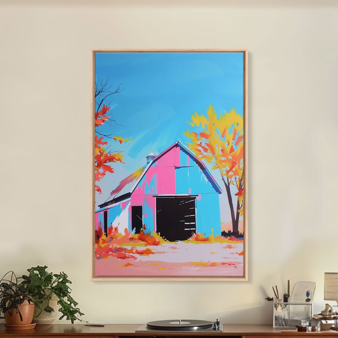 Colorful Pop Art Barn With Autumn Trees Under Blue Sky Wall Poster - Image 4