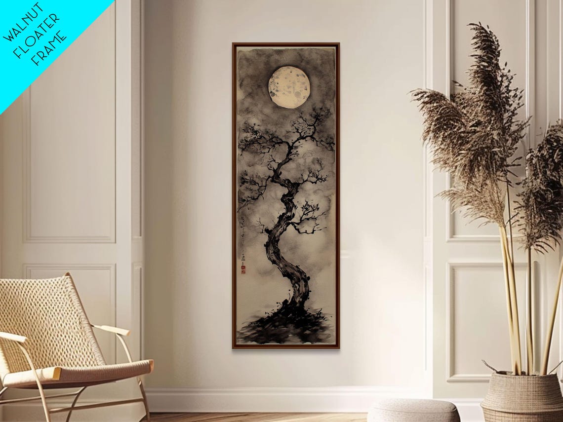 Gnarled Ink Tree Under Pale Moon Japanese Grayscale Zen Art Poster - Image 6