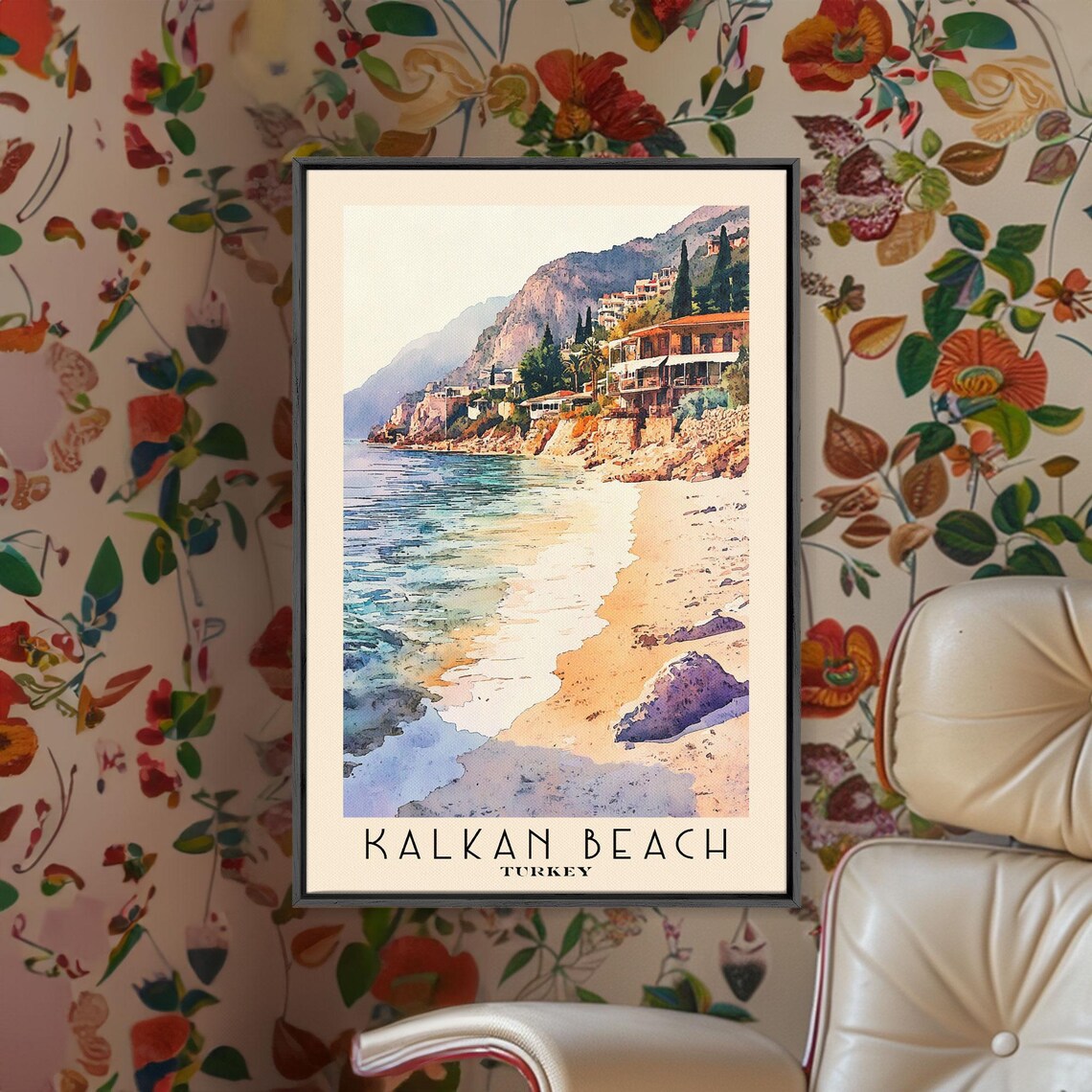 Kalkan Beach Turkey Cliffside Old Town Golden Beach Watercolor Wall Poster - Image 2