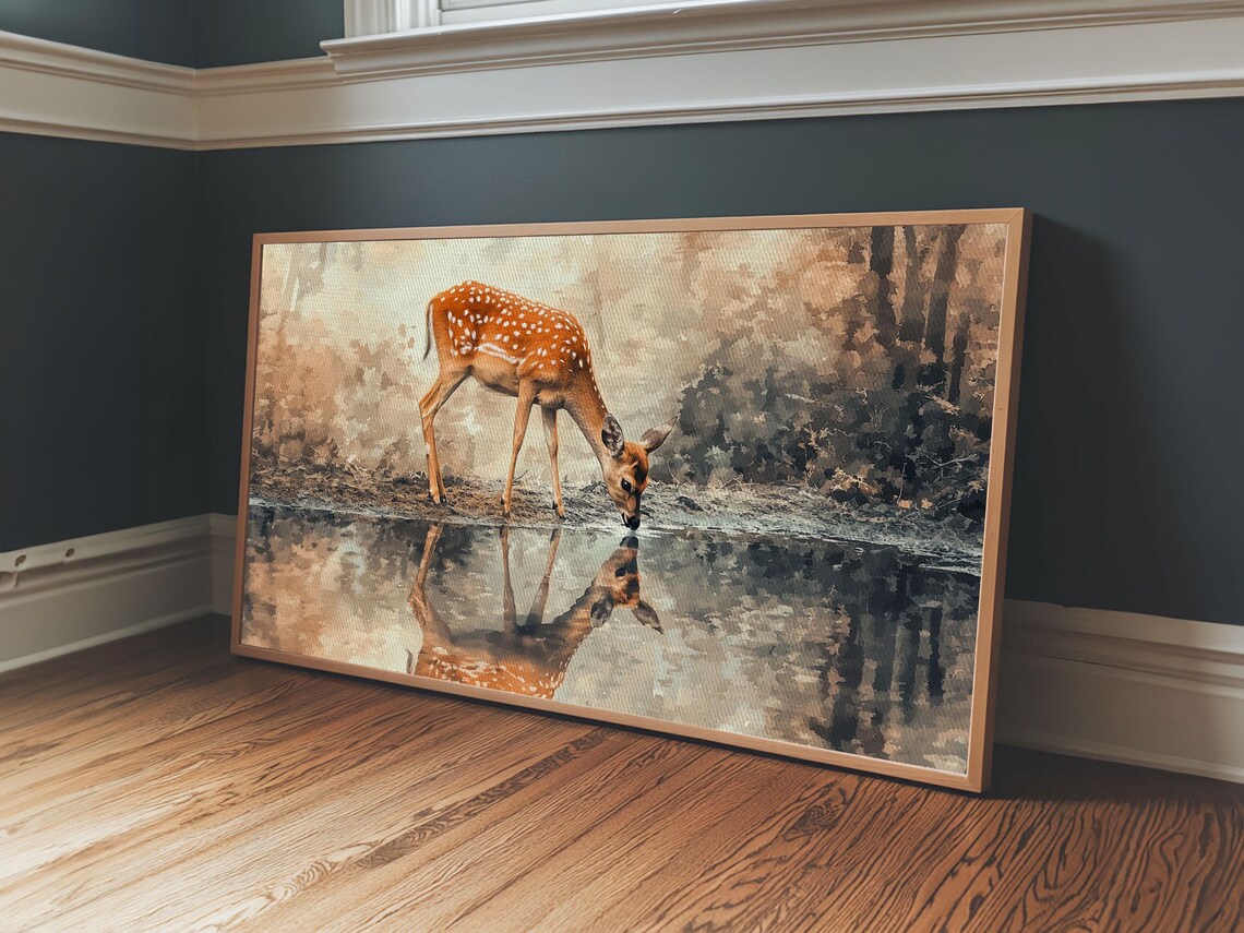 Deer Drinking Water With Mirror Reflection Pond Watercolor Painting Print - Image 4