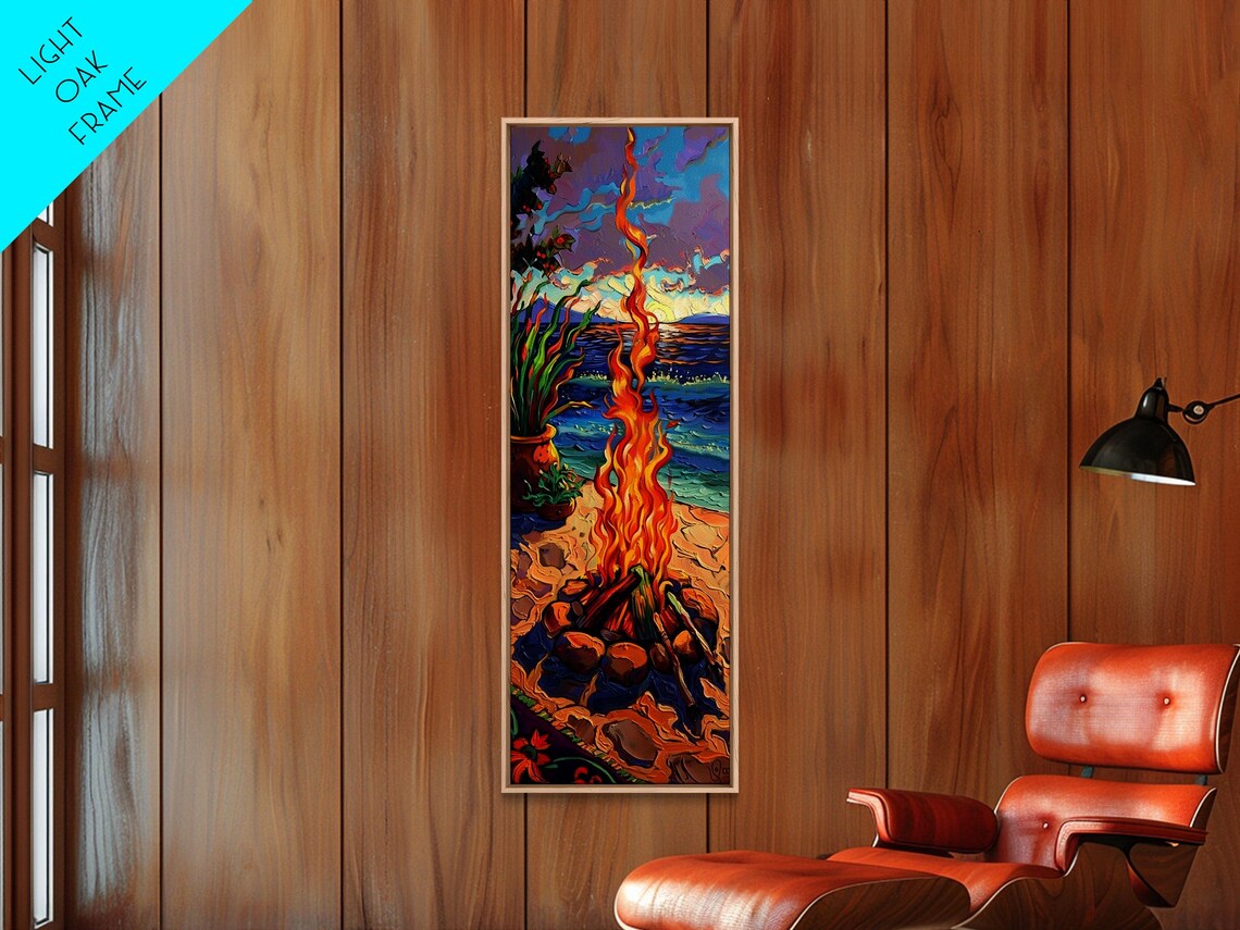 Beach Campfire At Sunset With Tall Flames Over Ocean Impasto Art Poster - Image 3