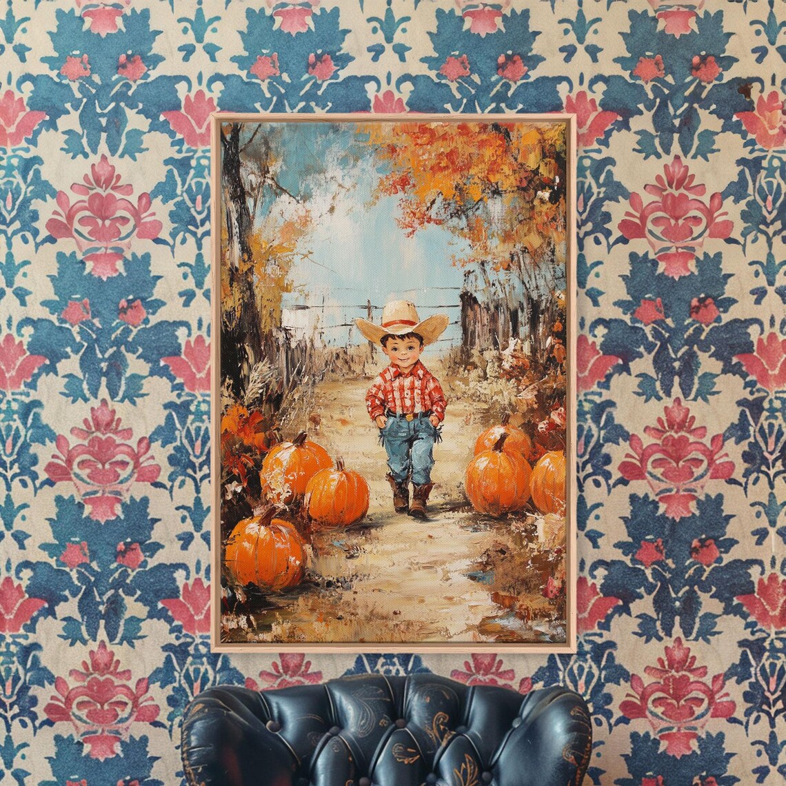 Little Cowboy Child Pumpkins Autumn Farm Path Rustic Painting Art Print