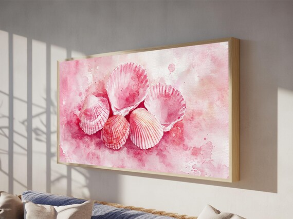 Pink Seashells Watercolor Painting Scallop Shells Coastal Beach Poster