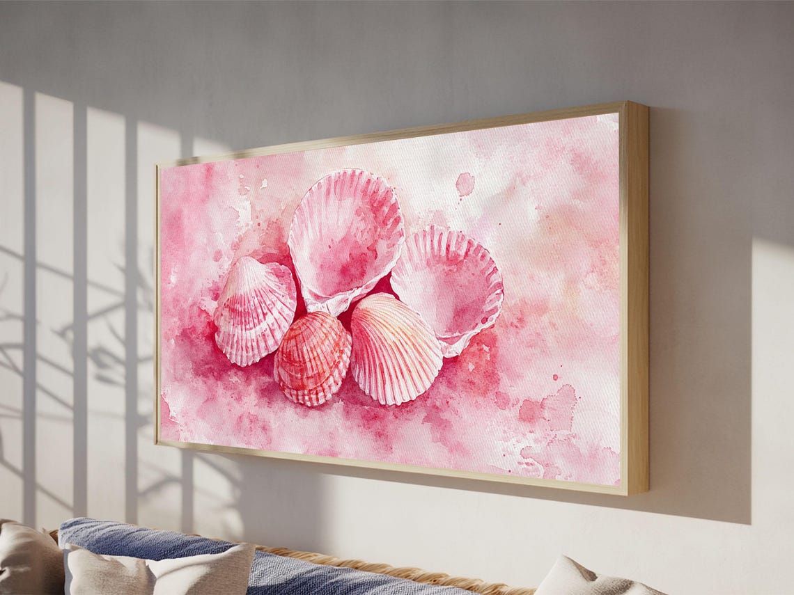 Pink Seashells Watercolor Painting Scallop Shells Coastal Beach Poster
